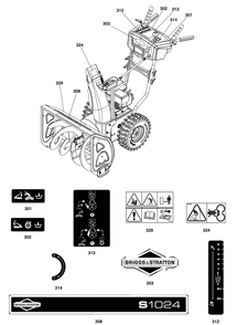 Decals Group Diagram and Parts List for 1696618-00-S1024  Briggs and Stratton Snow Blower